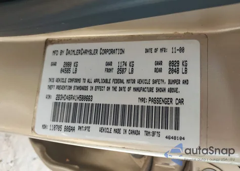 2001 Dodge Intrepid Se z USA, uszkodzony, nr VIN 2B3HD46R41H580663